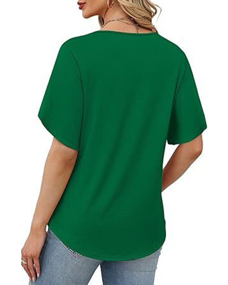 T-Shirt Col En V Petite Fente Manches Courtes Unie