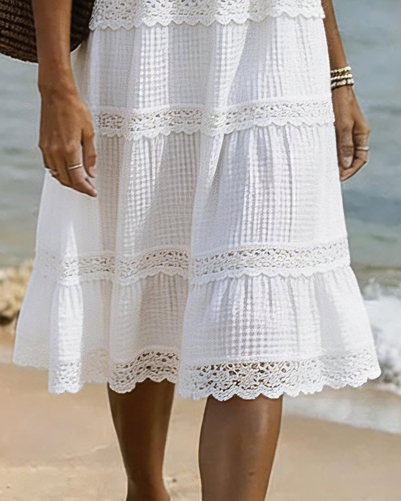 Robe Col V Dentelle Patchwork Manche Moyenne