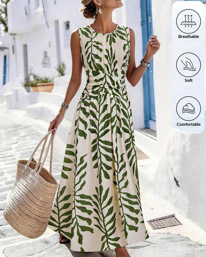 Robe Feuilles Vertes Taille Cintrée Sans Manches