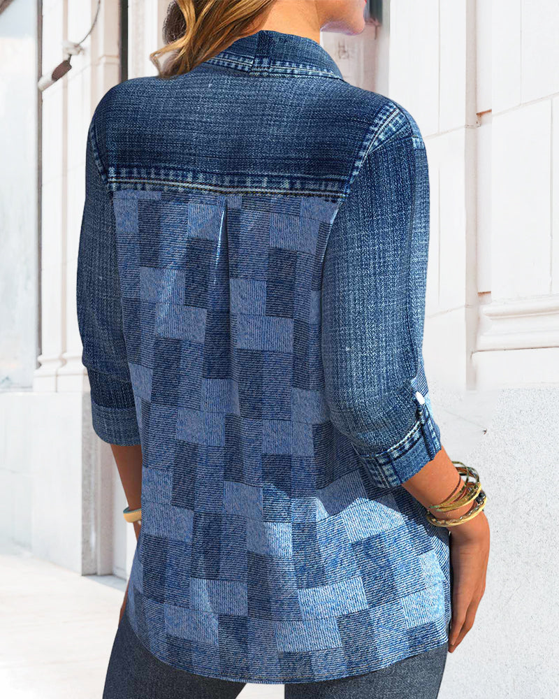 Blouse à manches longues imprimée effet denim