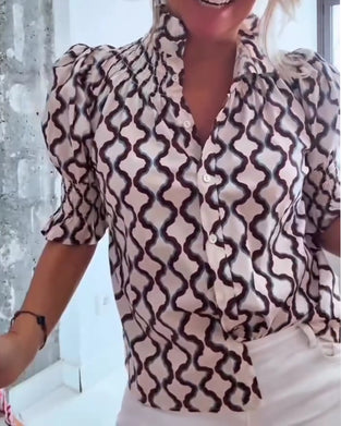 Chemise Imprimé Vague Col Montant Manche Bouffante