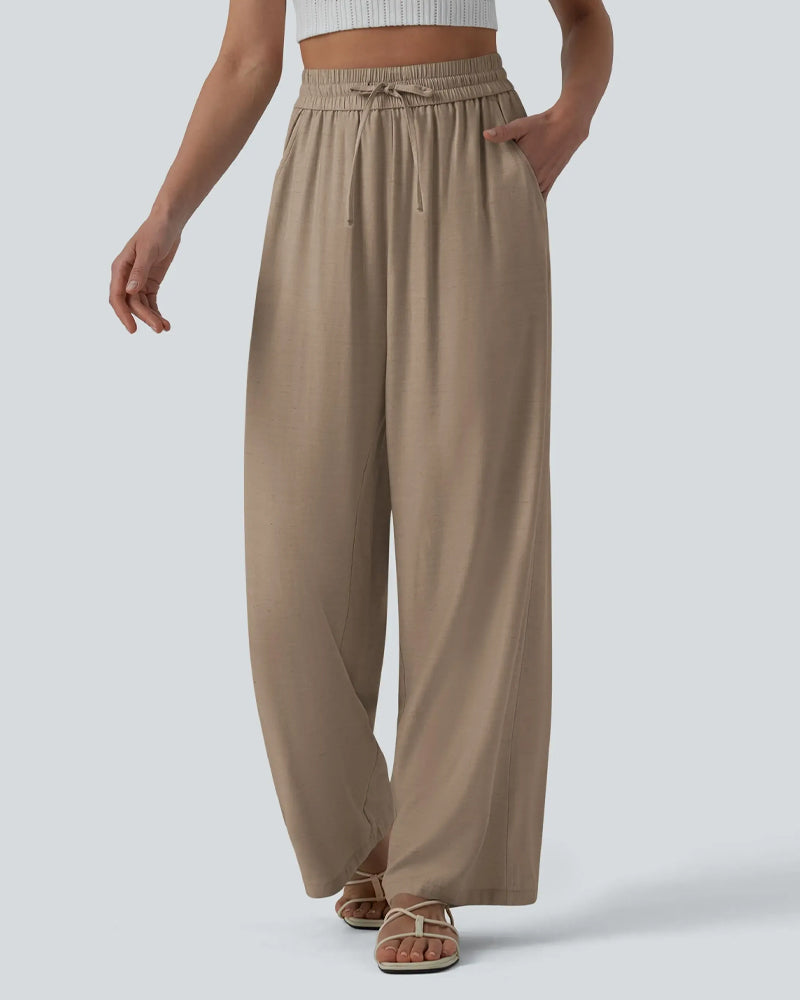 Pantalon Taille Élastique Jambe Large Attacher Décontracté