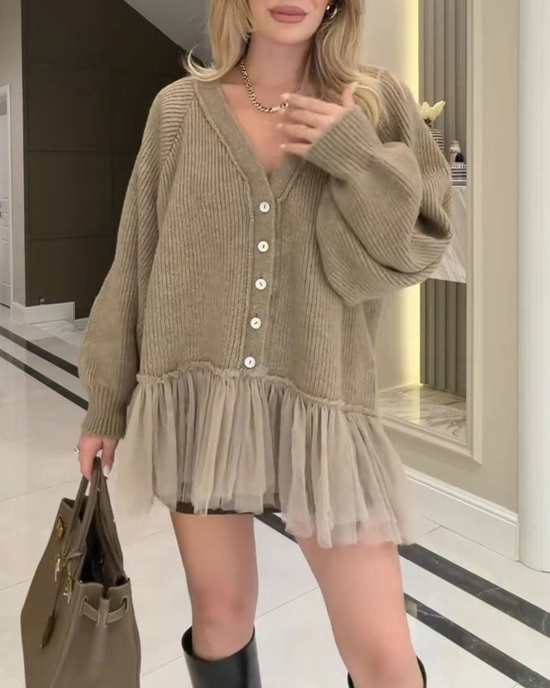 Cardigan Col En V Mesh Volant Patchwork