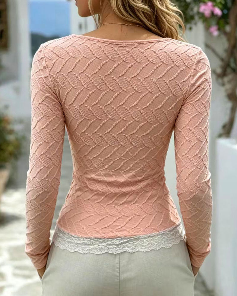 Haut Col Carré Dentelle Patchwork Manches Longues Ajusté
