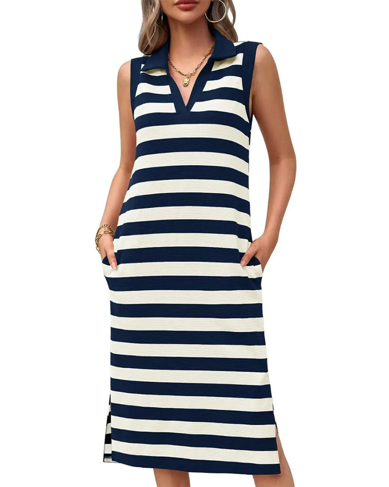 Robes Rayure Col V Col Polo Décontracté