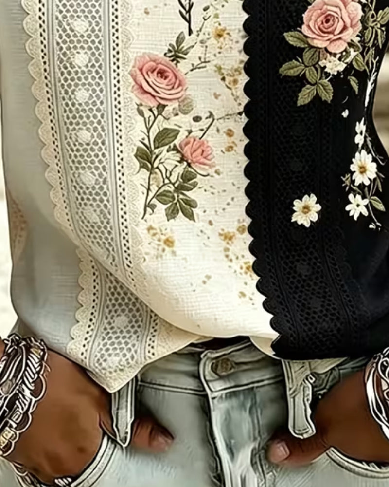 Blouse Contraste Dentelle Rose Imprimé