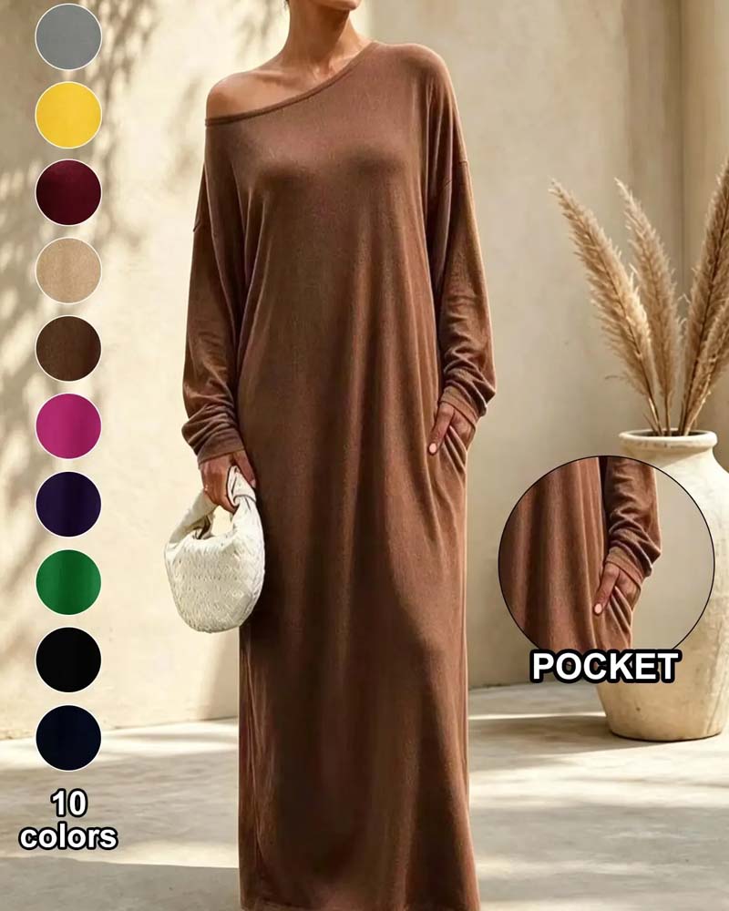 Robe Asymétrique Off-Shoulder Manche Longue Poche Maxi