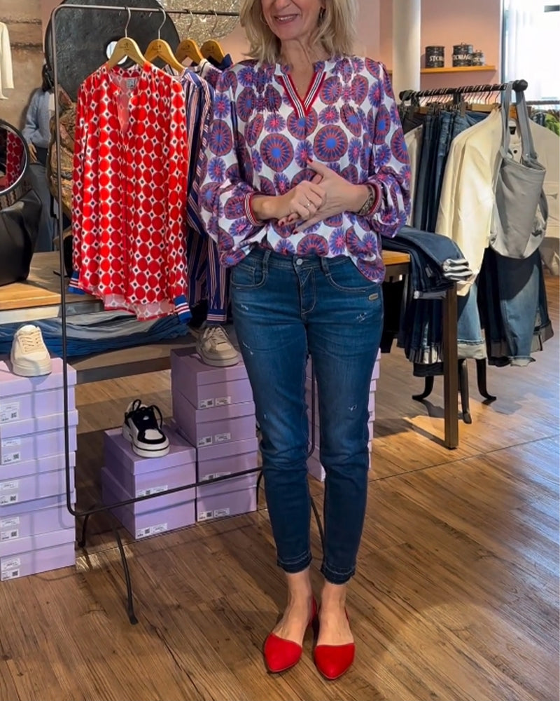 Blouse élégante col V à imprimé géométrique