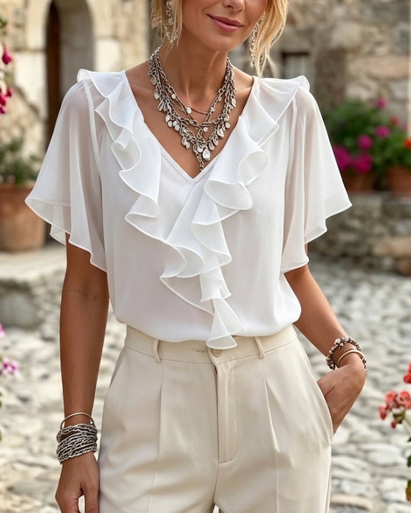 Blouse Col-V Volantée Uni