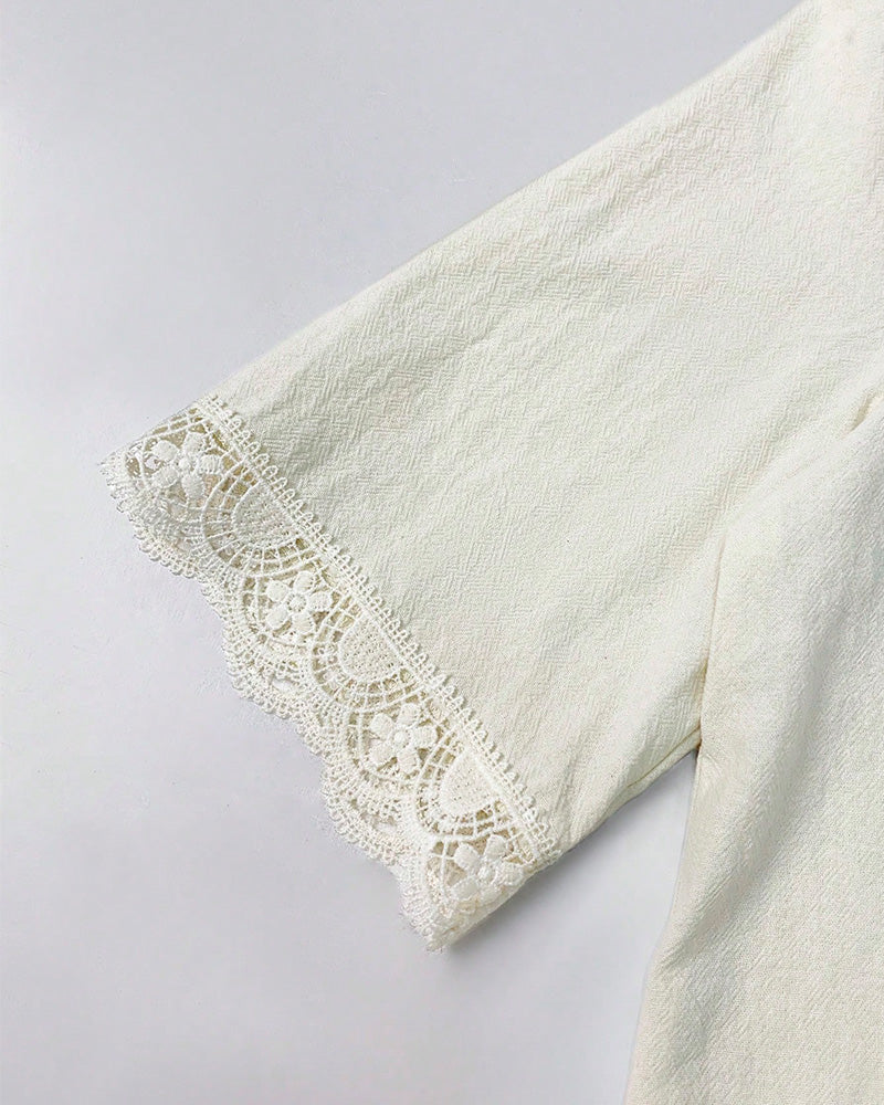 Blouse Col V Dentelle Patchwork Manche 3/4