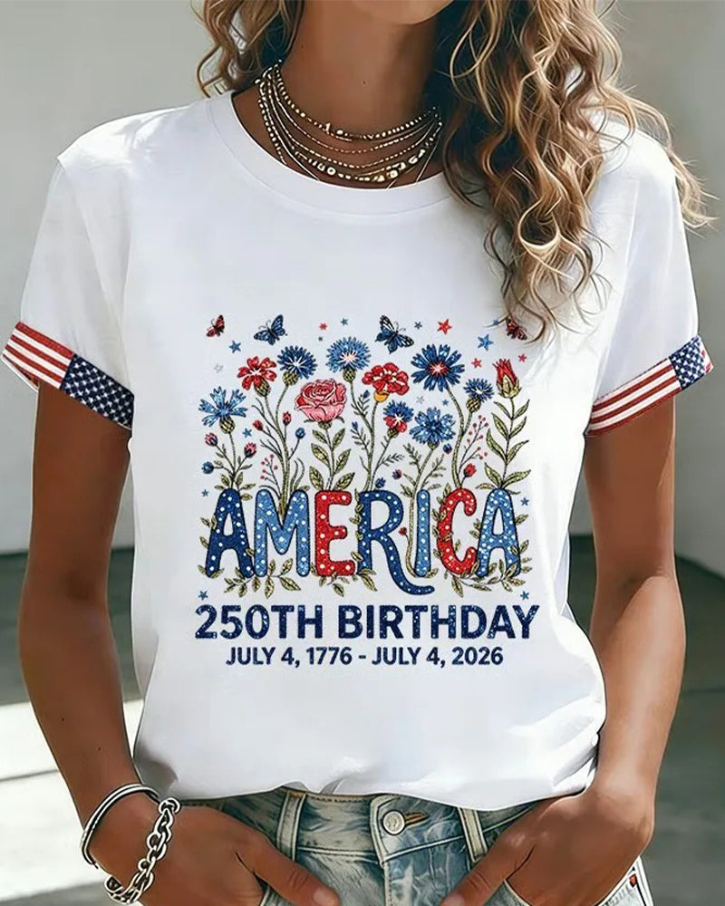 T-Shirt Col Rond Lettre Coloré Imprimé Floral