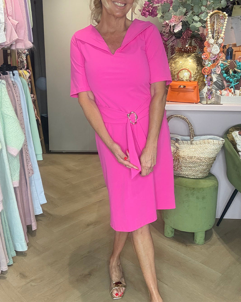 Robe Unie Col Revers Encolure V Taille