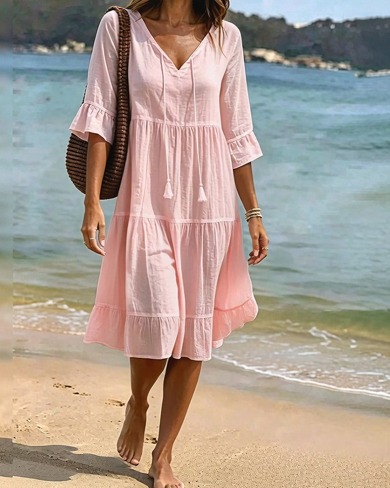 Robe Évasée Demi-Manche Nœud À La Taille