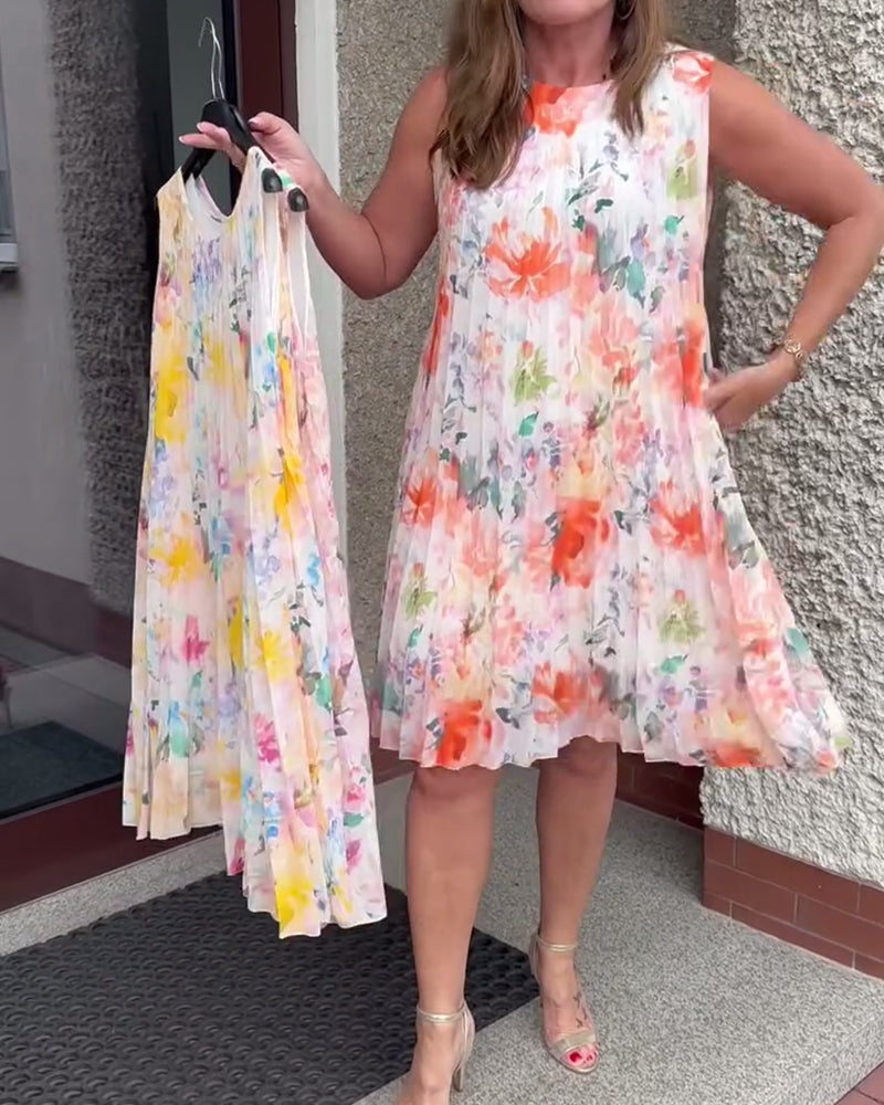 Robe Sans Manches Plissée Fleurie