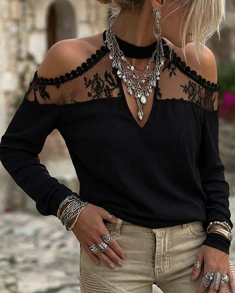 T-Shirt Col V Dentelle Patchwork Off-Shoulder