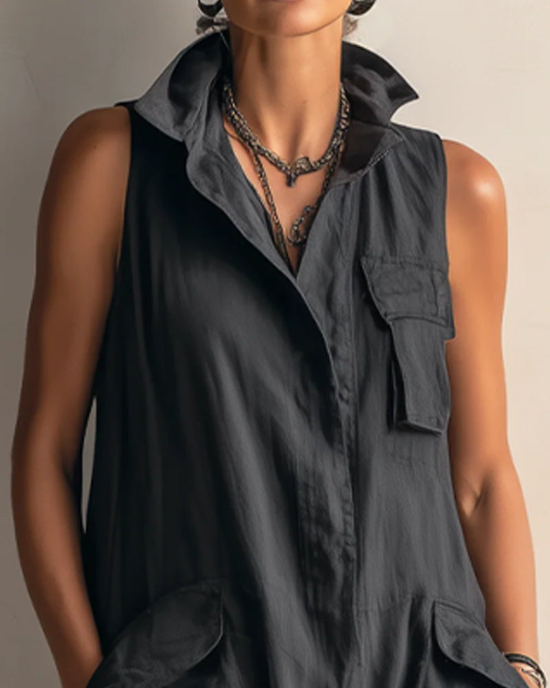 Jumpsuit Revers Sans Manches Poche Cargo