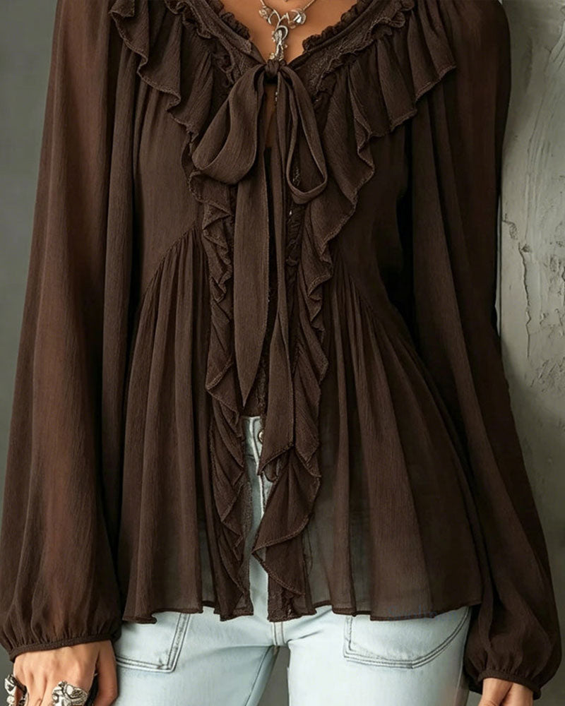 Blouse À Volants Col En V Cravate