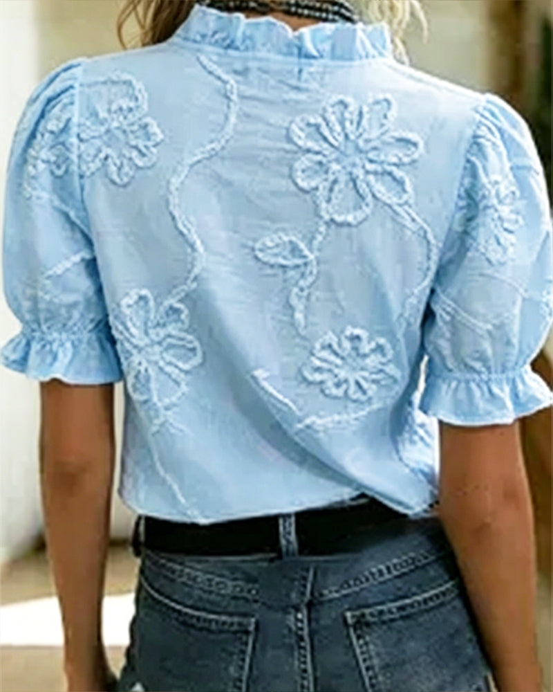 Blouse Col En V Bordure Volantée Manche Bouffante