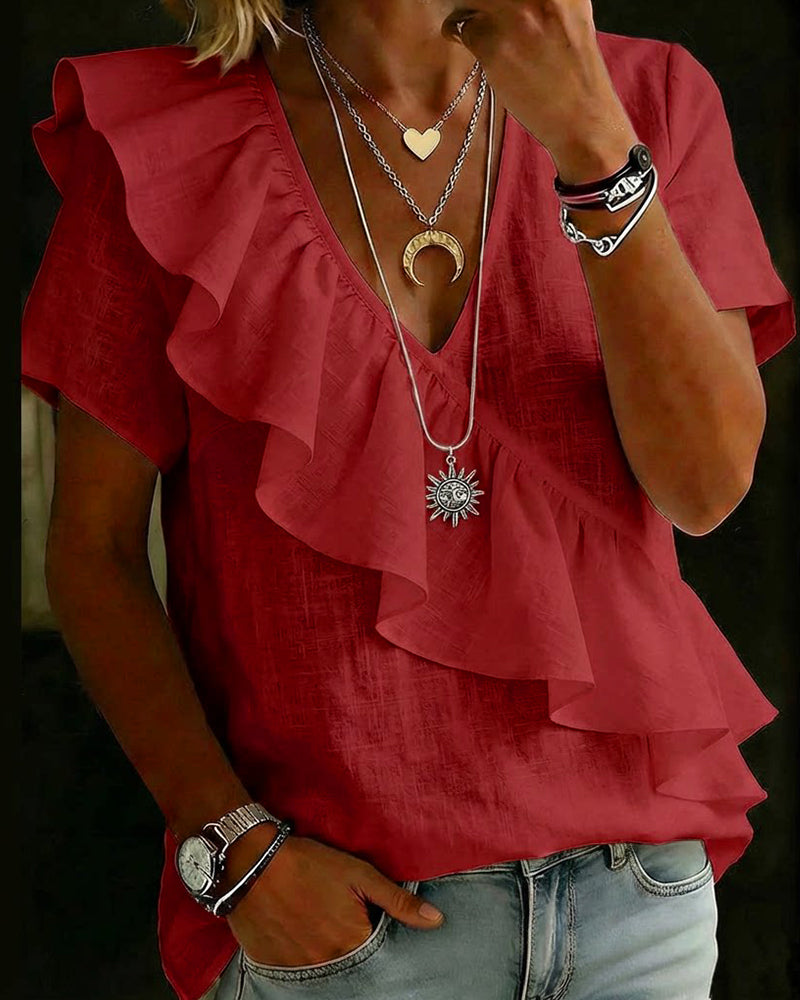 Blouse Col V Manches Courtes Volantée
