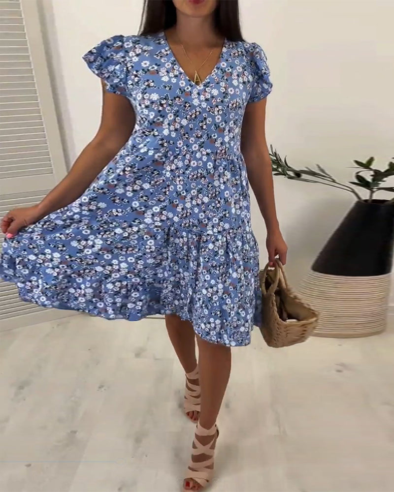 Robe midi fleurie sans manches à col V