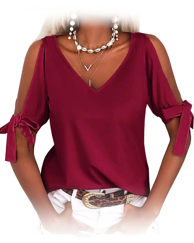 Blouse Col En V Cold Shoulder Nœud Papillon Unie