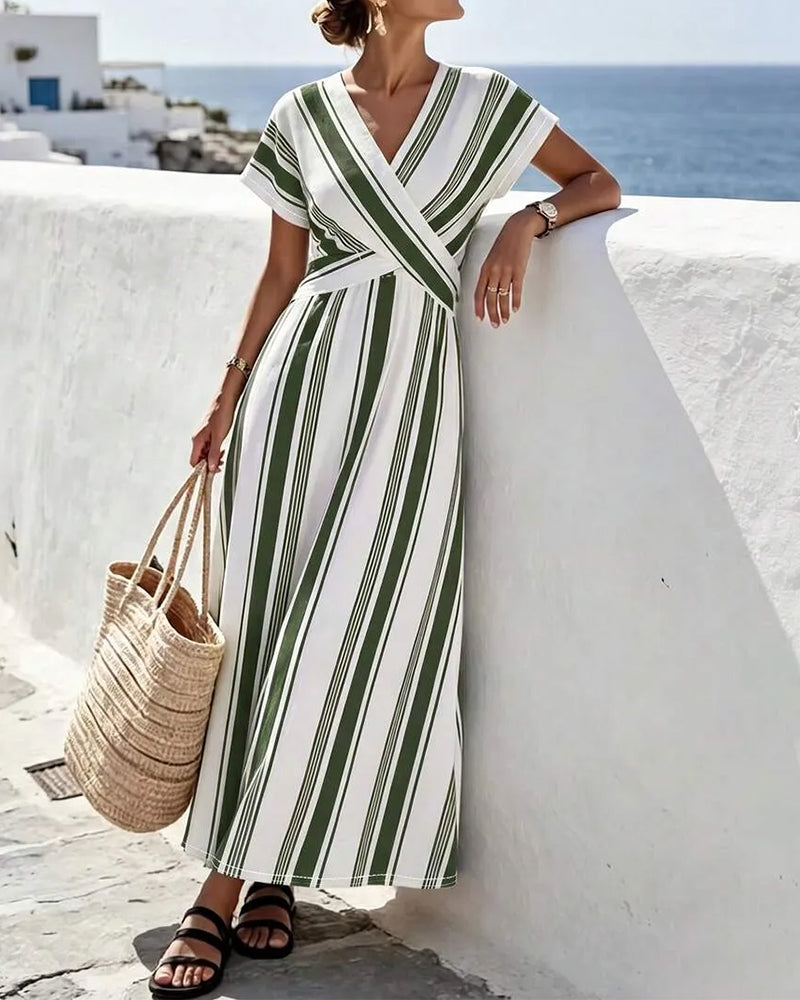 Robe Croix Col V Rayure Enveloppant Longue