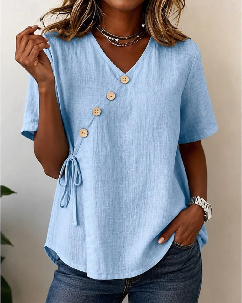 Blouse Col V Bouton Croisé Cravate