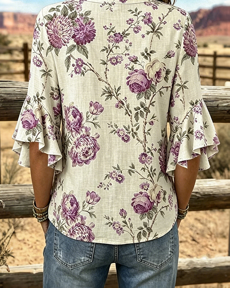 Robe Rétro Imprimé Col En V Taille Cintrée Longue