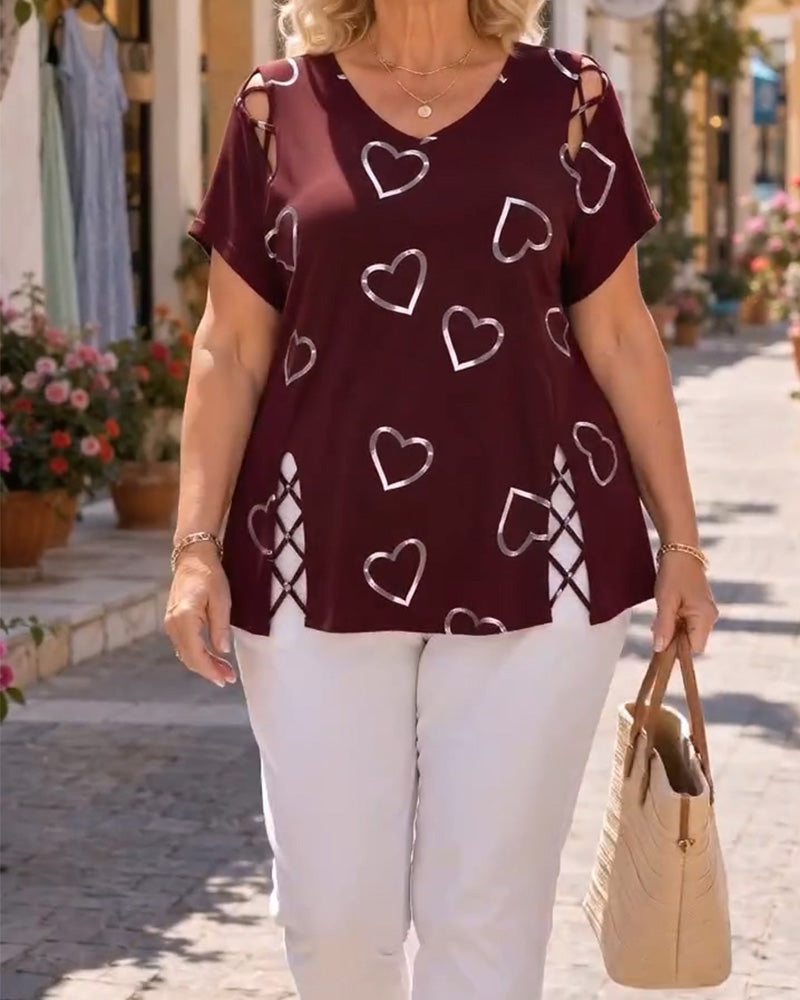 T-Shirt Motif Cœur Ajouré Manches Courtes