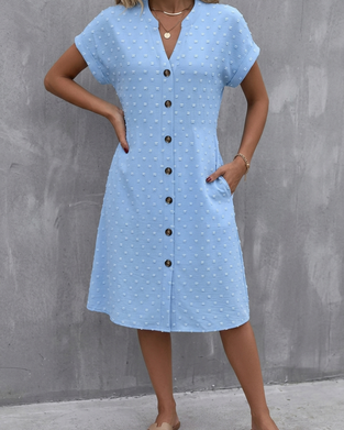 Robe Chemisier Jacquard Col En V Boutonnage Devant Midi Chemise