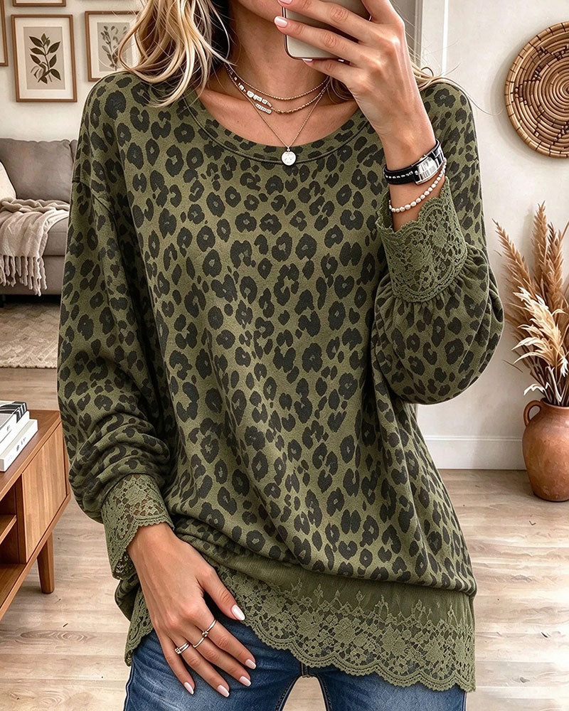 Blouse Panneau Dentelle Imprimé Léopard