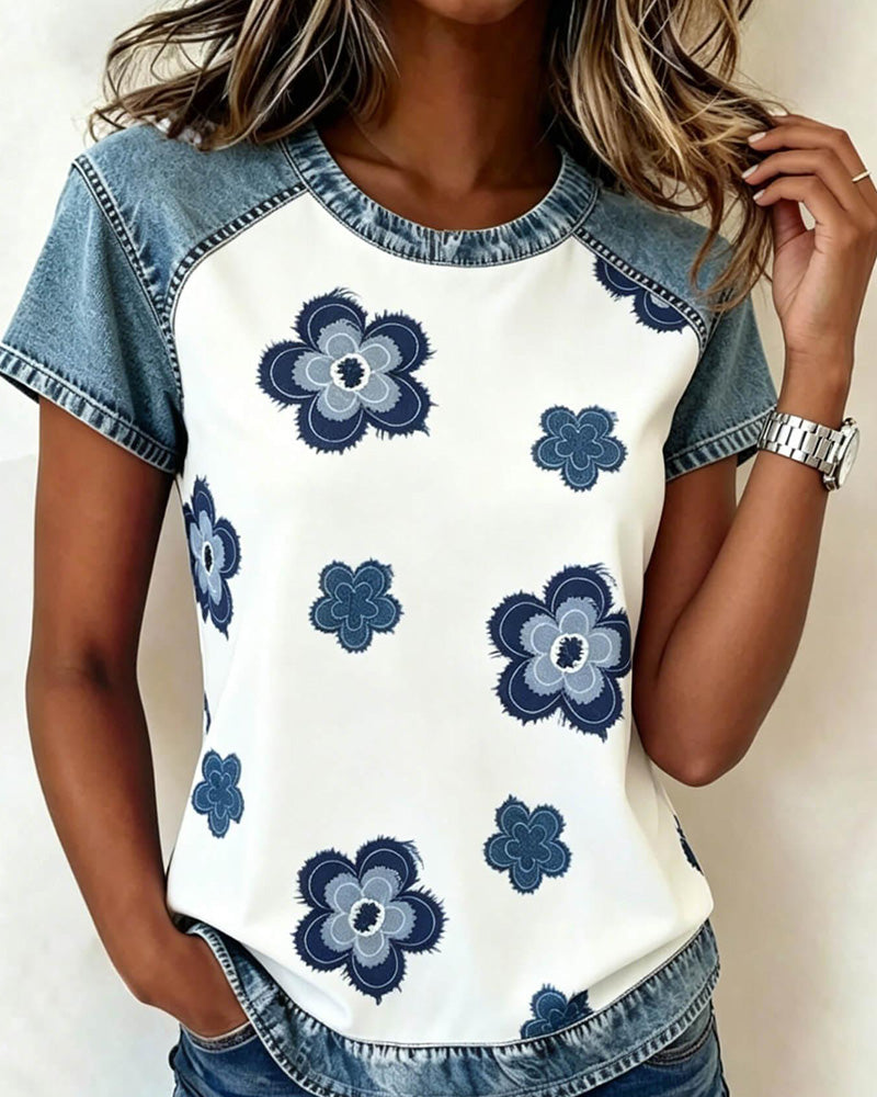 Blouse Denim Patchwork Imprimé Floral