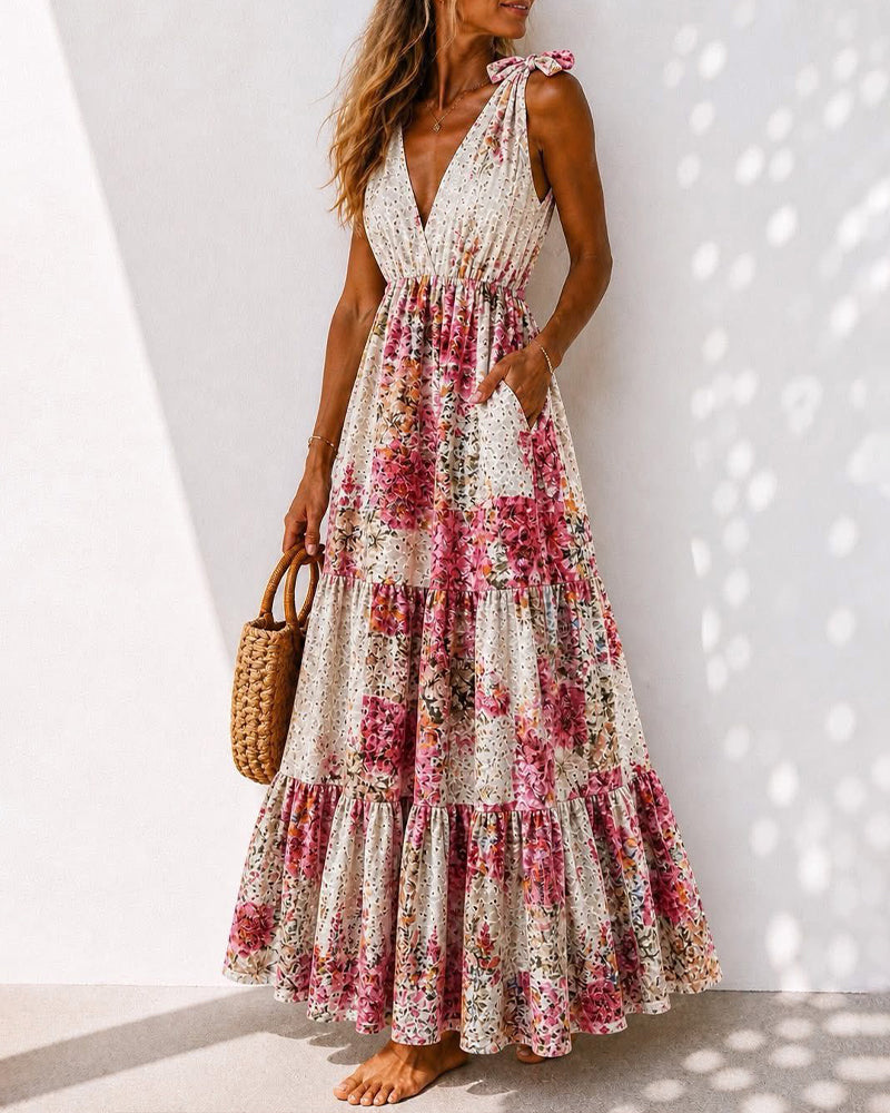 Robe Florale Attache Col V Superposée