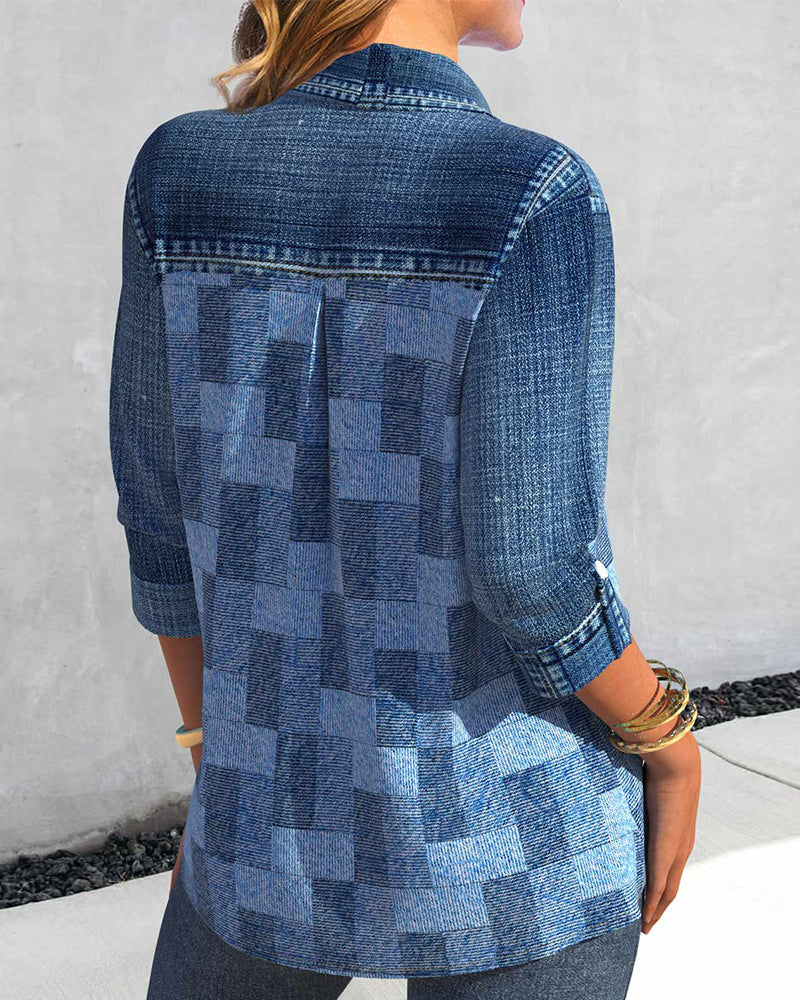 Blouse à manches longues imprimée effet denim
