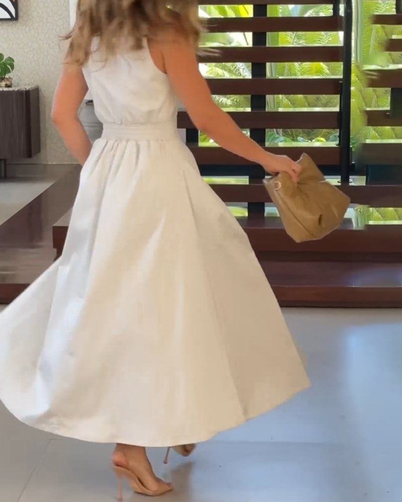 Robe élégante de couleur unie à revers sans manches