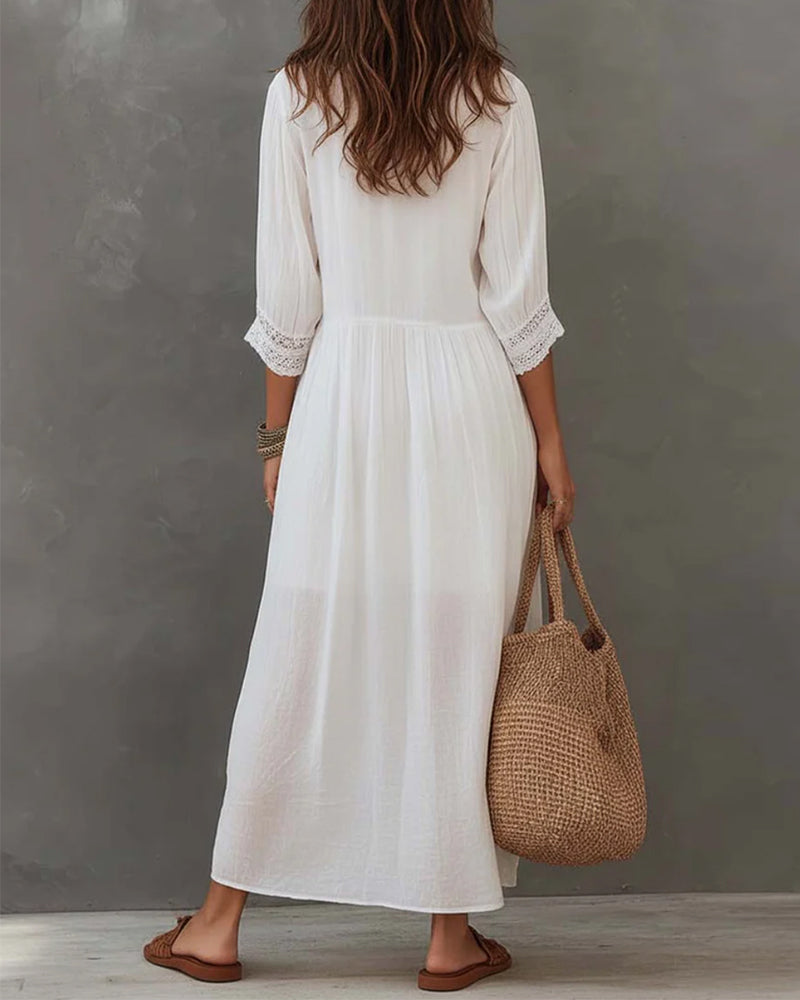 Robe Manches Courtes Dentelle Garniture Revers Longue