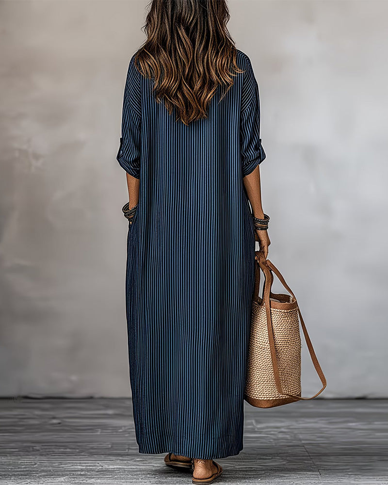 Robe Col V Rayé Poche Chemise