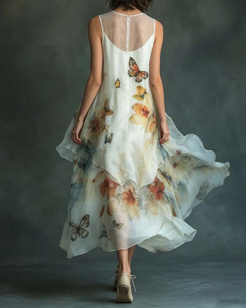 Robe Sans Manches Papillon Imprimé