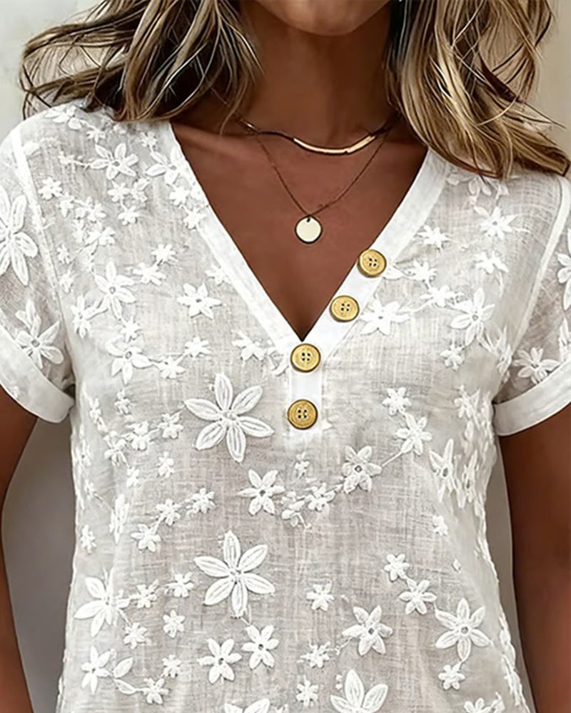 Blouse Unie 3d Fleurie Col V