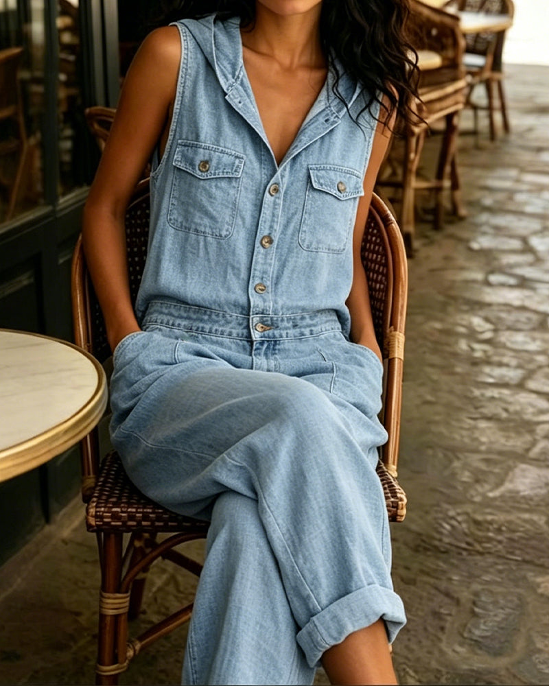 Combinaison En Denim Lavé Sans Manches Avec Capuche