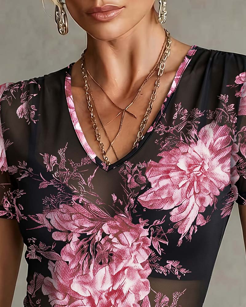T-Shirt À Encou En V À Motif Floral Manches Courtes