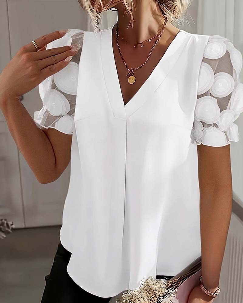 Blouse Manche Bouffante Mesh Col En V