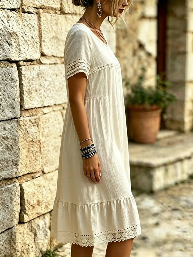 Robe Dentelle Volant Col-Rond Manche-Courte