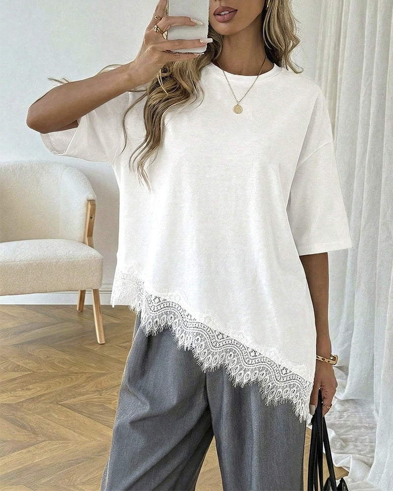 Blouse Asymétrique Dentelle Ourlet Assemblé Manches Courtes