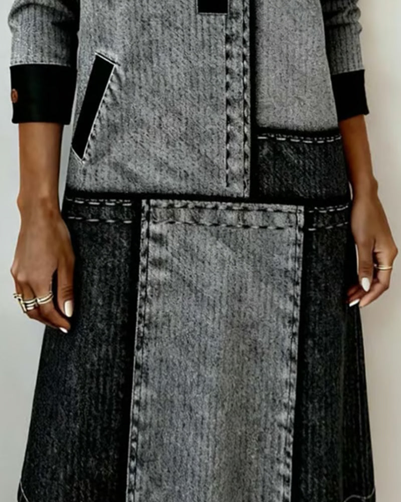 Robe Bouton Revers Col V Bloc de Couleur Tendance