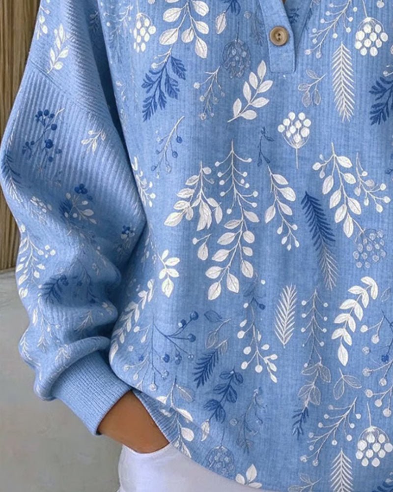Sweatshirt Gaufré Col Henry Imprimé Floral