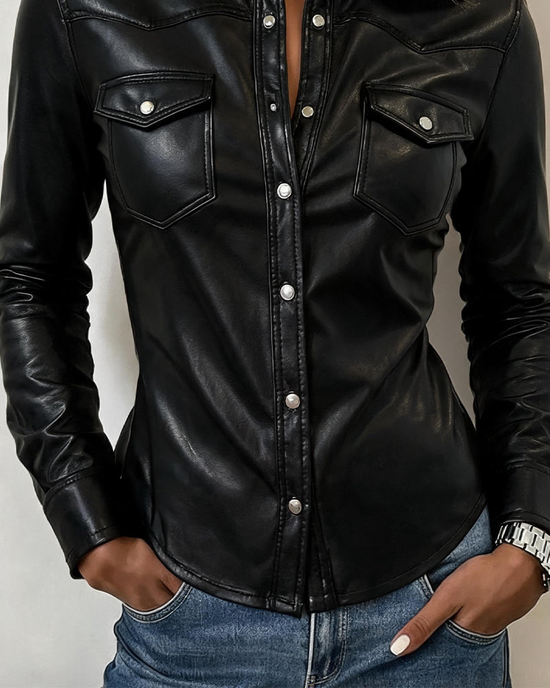 Blouse Revers Bouton Devant Poche Manches Longues