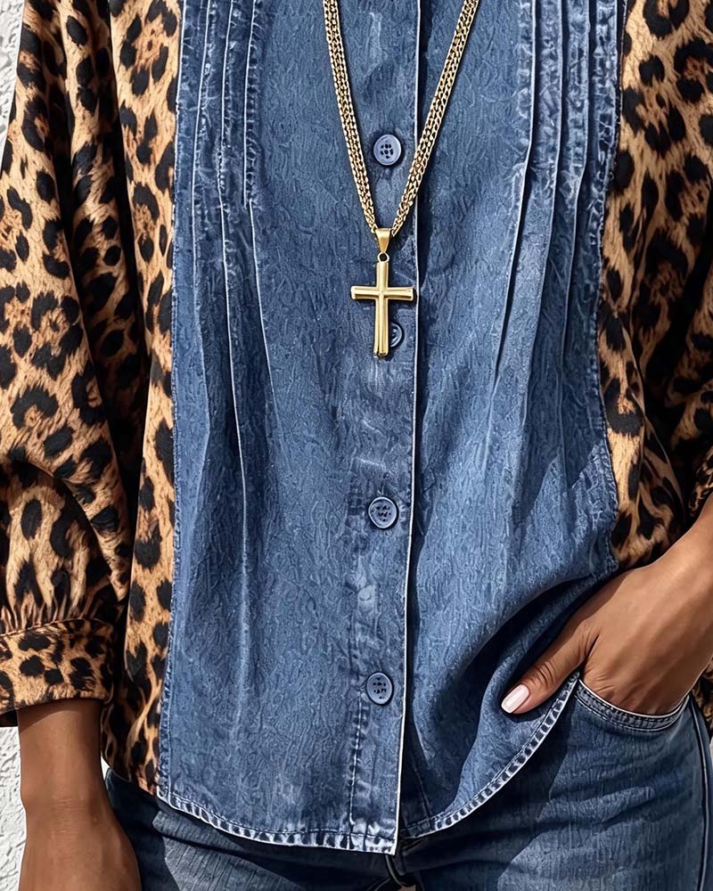 Blouse Col Rond Bouton Léopard Denim Patchwork