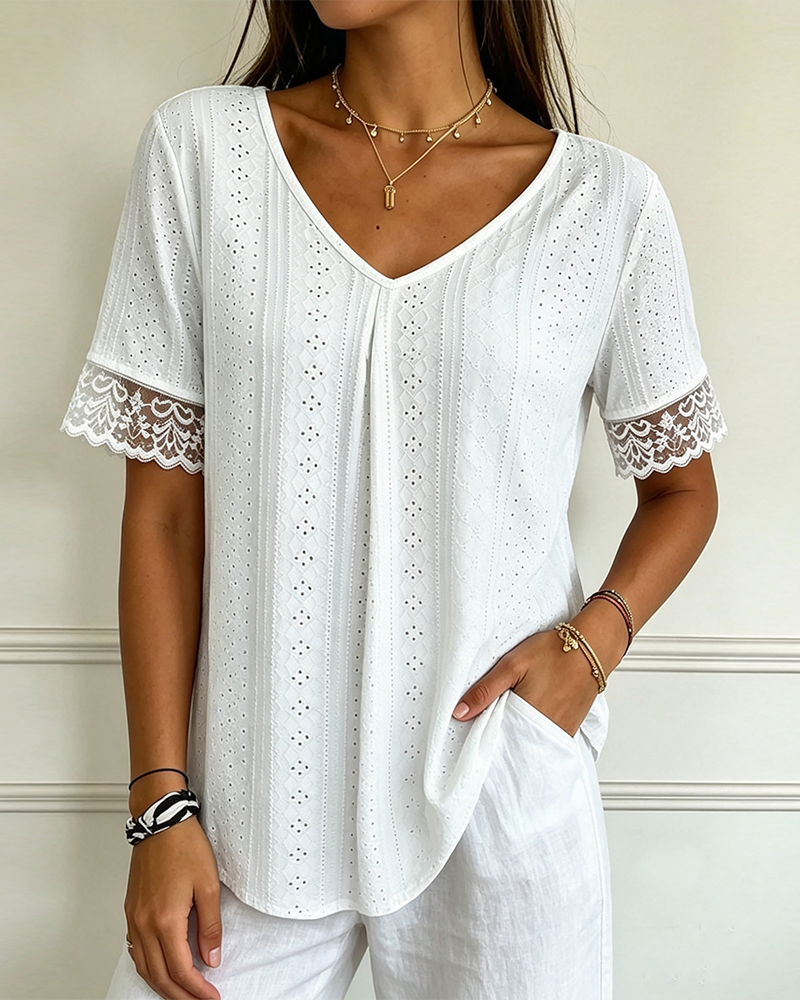 Blouse Col En V Creux Dentelle Assemblage