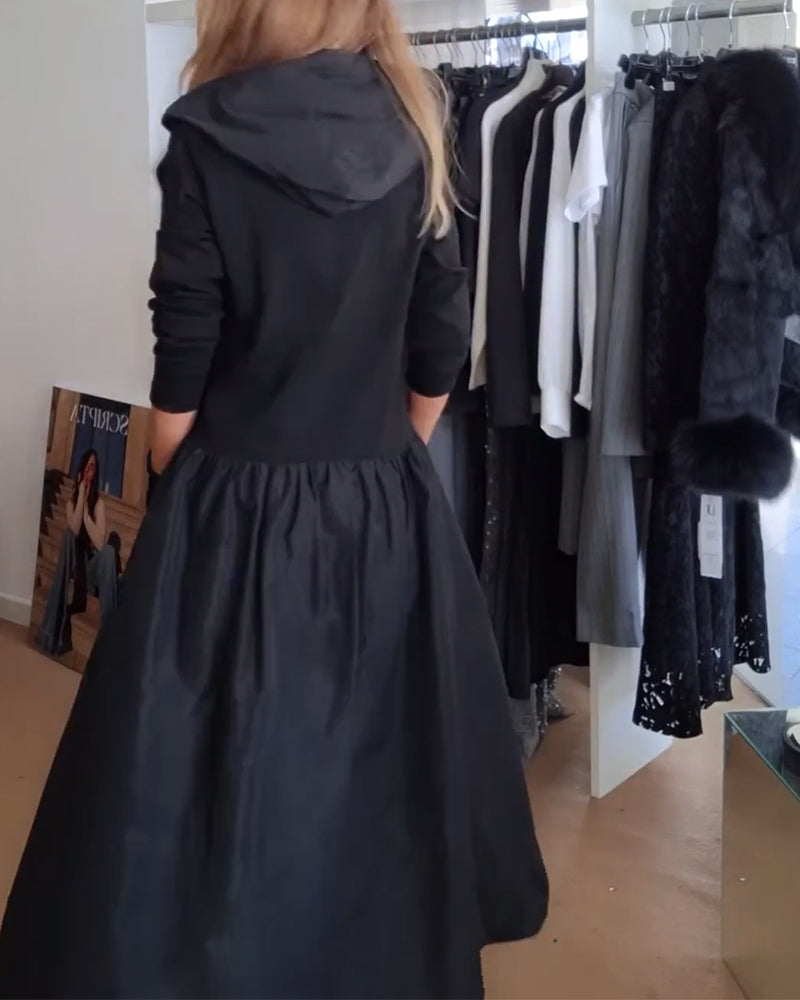 Robe décontractée à capuche avec fermeture éclair et poches patchwork